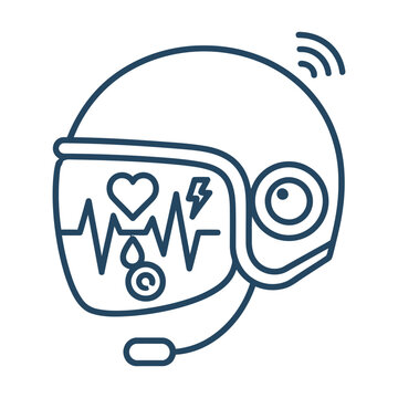 Smart helmet vector icon with biometric data display, futuristic headgear with heart rate and vital signs monitoring, wearable technology line art