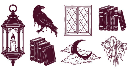 Set of enchanting dark fantasy vector icons, including a mysterious raven, ancient books, a glowing lantern, a crescent moon, and ornate window details for magical designs © Pronob Kumar Ray