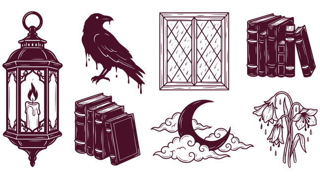 Set of enchanting dark fantasy vector icons, including a mysterious raven, ancient books, a glowing lantern, a crescent moon, and ornate window details for magical designs