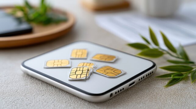 Gold SIM cards on white phone, plant/docs background. Reflects mobile tech, global comm, network instability, digital lifestyle