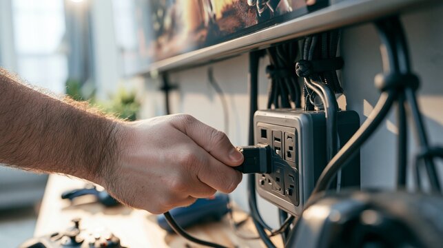 Closeup view of a homeowners arm plugging a compact surge protector into an outlet behind a mounted flatscreen TV with cable ties and gaming gear visible set against a softly