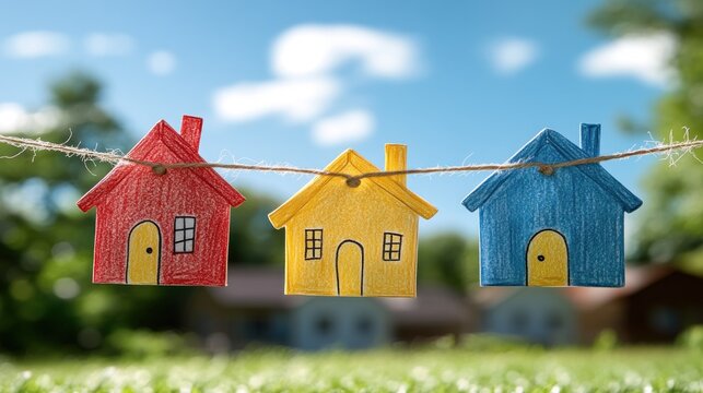 Colorful paper houses hang on a string outdoors