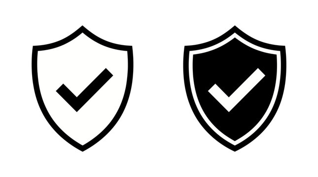 Vector shield icons with checkmarks in black and white colors