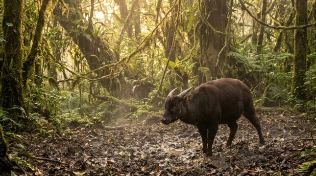 A rare dwarf anoa stands cautiously in a muddy clear, cinematic widescreen capture of a solitary wild creature navigating the dense foliage and humid atmosphere of a remote tropical rainforest habitat