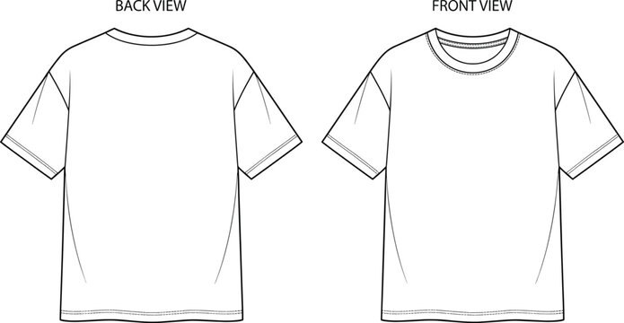 Detailed front and back technical drawing of plain short sleeve T‑shirt for apparel design and garment production mockups