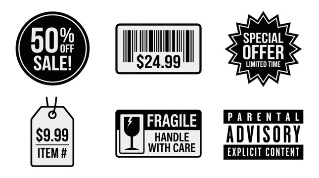 Vector collection of various discount and warning stickers and labels