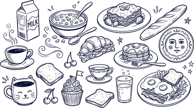 Hand Drawn Breakfast Food and Dessert Menu Doodle Vector Set with Coffee, Pancakes, Eggs, Croissant, and Bakery Items for Cafe Branding and Restaurant Menu Graphic Designs
