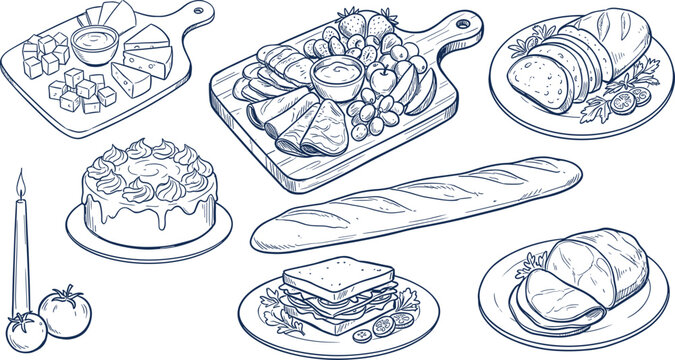 Hand Drawn Charcuterie Board and Party Food Elements Doodle Vector Set with Cheese, Meat, Bread, and Cake for Catering and Restaurant Menu Designs