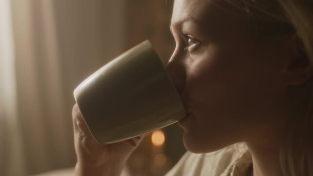 Close up shot of gen Z blonde woman drinking cup of morning coffee and contemplating in room with warm lighting