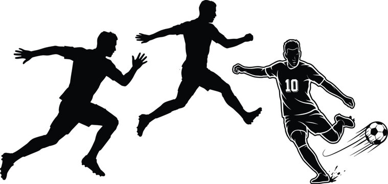 Soccer players in motion performing athletic actions with dynamic energy and athletic sports theme.