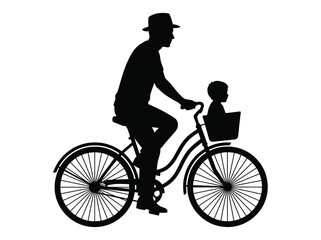 Obraz premium A vector illustration of silhouette of a man riding a bicycle with a small child in a basket