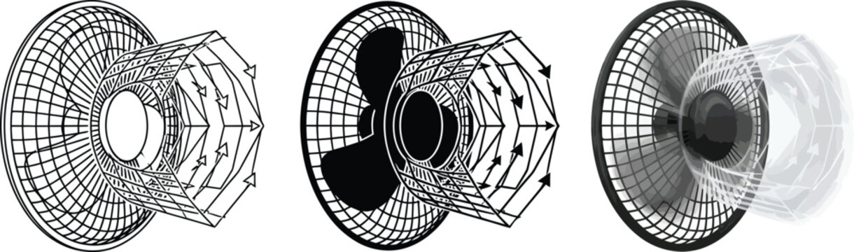 Exploded view of a desk fan showing internal components and airflow isolated on white background
