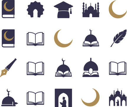 A collection of Islamic symbols including mosque, book, crescent moon, and quill pen, representing faith and knowledge in Islamic culture and tradition