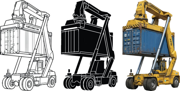 Container handler lifting a shipping container industrial logistics equipment in line art silhouette and color vector styles isolated on whi