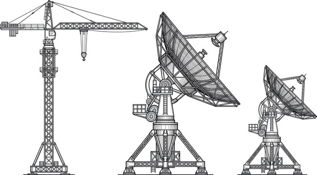 Industrial Construction Tower Crane and Large Satellite Dish Antenna Vector Illustration Set for Engineering, Telecommunications, Space Research, and Infrastructure Development Projects