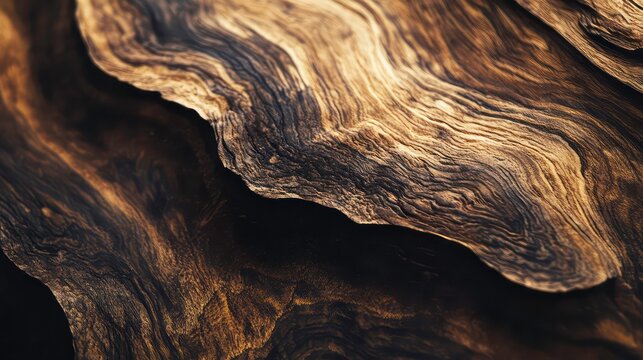 Close-up of the unique grain pattern of a piece of dark wood with a wavy surface.