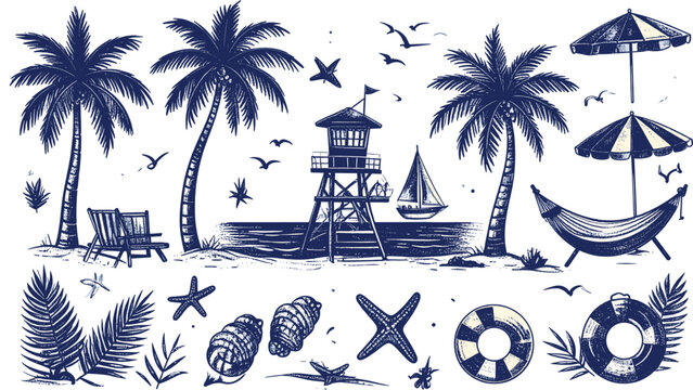 Vintage Tropical Beach Vacation Elements Set Featuring Palm Trees Lifeguard Tower Sailboat Hammock Beach Chairs and Sea Shells Engraving Vector Illustration