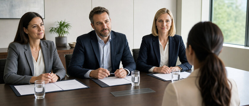 A group of three professionals, two women and one man, dressed in business attire, conduct an interview in a modern office setting, fostering a formal and engaged atmosphere.