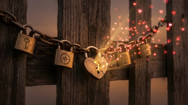 Love locks on a railing with bokeh lights a symbol of enduring affection