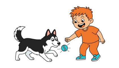 Boy playing with husky dog and ball outdoors © FatemaStock