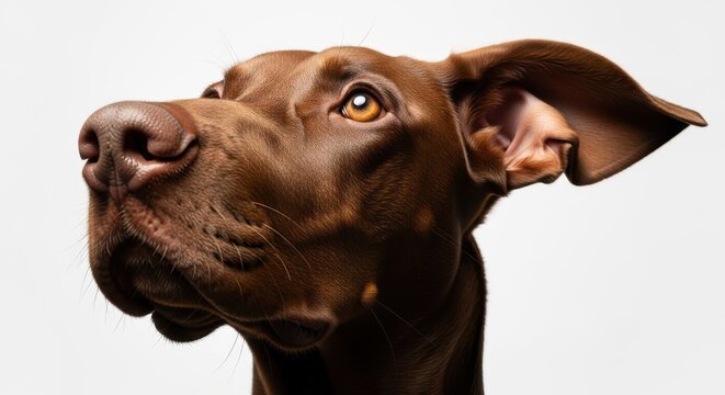 Close-up Portrait of a Majestic Brown Vizsla Dog Looking Up Against a White Background for Commercial Use