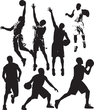 Black silhouette of basketball players in dynamic poses sports action dunking