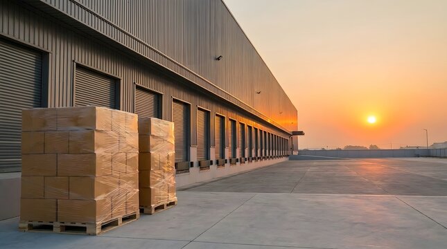 Industrial warehouse building exterior with stacked boxes on pallets at beautiful sunset.