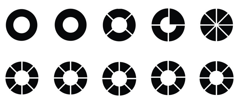 Pie chart black icon set, abstract circular infographic wheel with segmented divisions, simple round chart split into ten equal numbered parts, minimal flat glyph style vector illustration for 