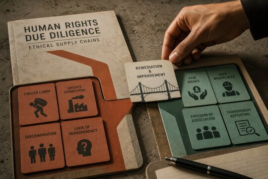 Human rights due diligence concept for ethical supply chains with compliance cards and business strategy layout