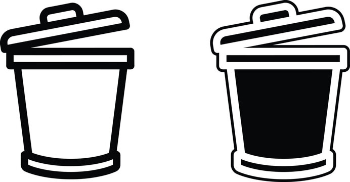 Trash can icon set open lid black and white vector illustration for waste management concepts