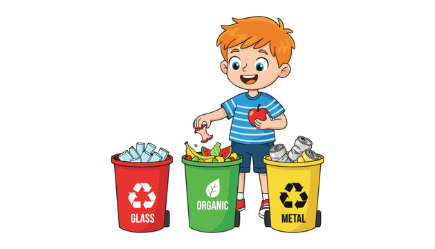 Boy sorting recyclables into colored bins outdoors