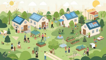 Fototapeta premium Generative AI depicts a lively eco-friendly community with solar-powered homes