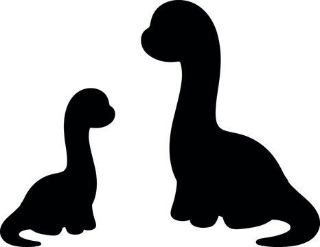 Parent and baby long-neck dinosaur silhouettes isolated on white