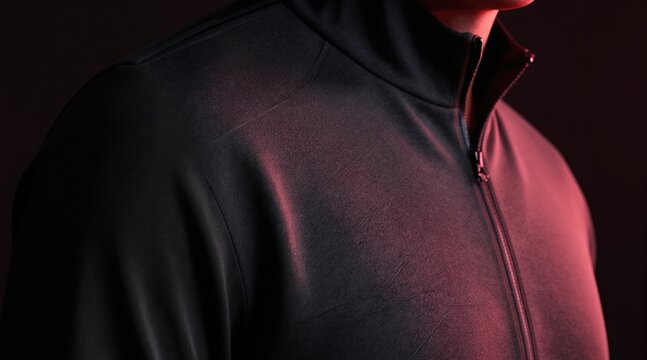 Close up of man wearing black athletic jacket with full zip. Advanced textile material offers comfort and performance for sport or active lifestyle activities.