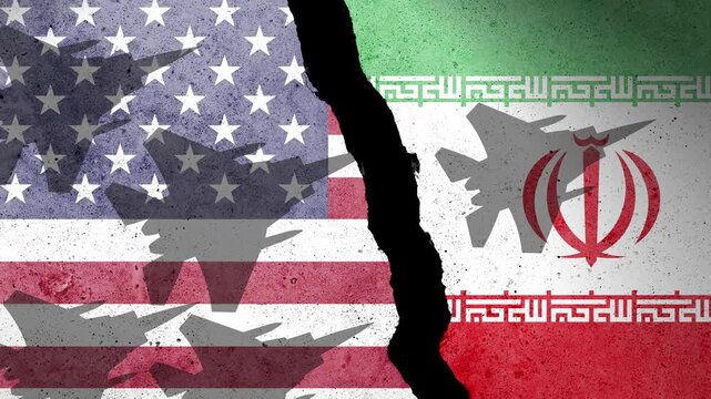 Flag of USA and Iran painted on a concrete wall with airplane shadows