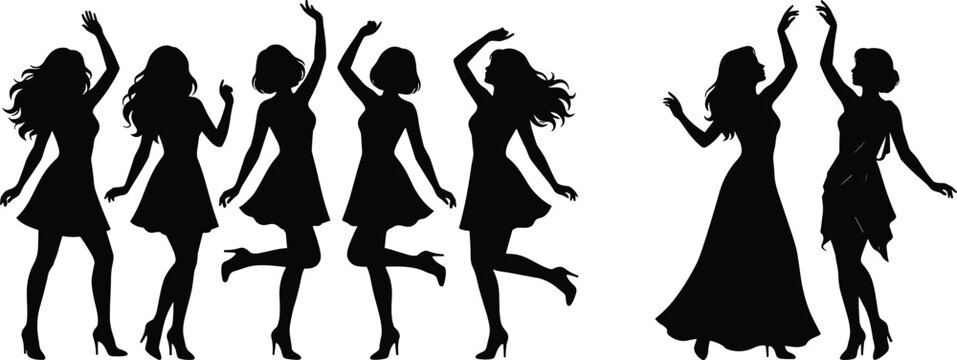 Silhouette group of people in black holding hands and dancing in a circle desig