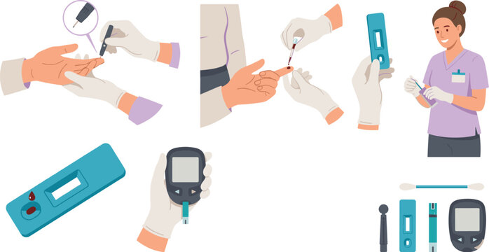 Blood Glucose Test Step by Step Instruction Set with Diabetes Monitoring, Finger Prick Lancet, Glucometer Device, and Nurse Character Vector Illustration