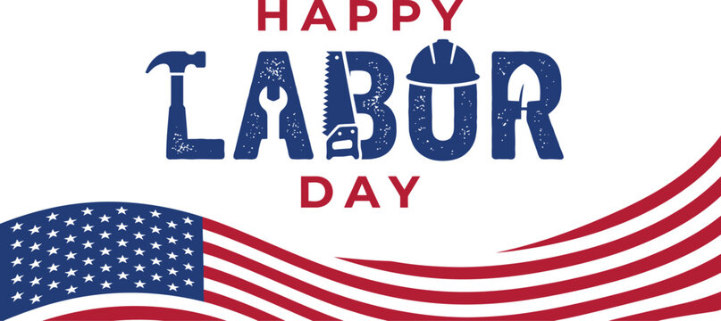 Happy labor day greeting with patriotic american flag and construction tools