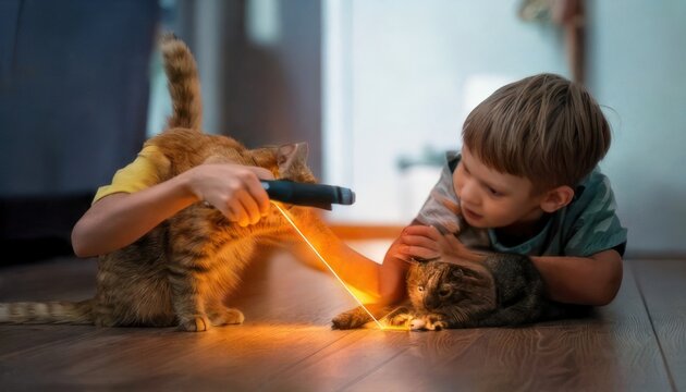 Boy and Cat Playfully Interact with a Laser Pointer.