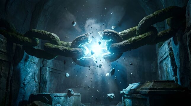 Mystical orb of light in a dark ancient cave environment