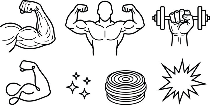 Fitness Gym Bodybuilding Line Art Vector Elements Set Featuring Muscular Bodybuilder Silhouette Bicep Flex Dumbbell Weight Plates and Continuous Line Arms