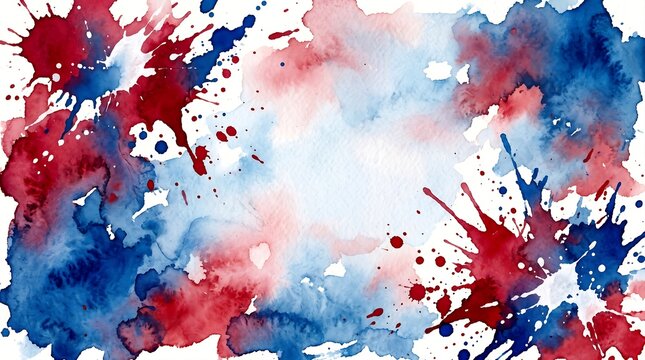 Abstract watercolor paint splashes with vibrant red and blue swirls on white background