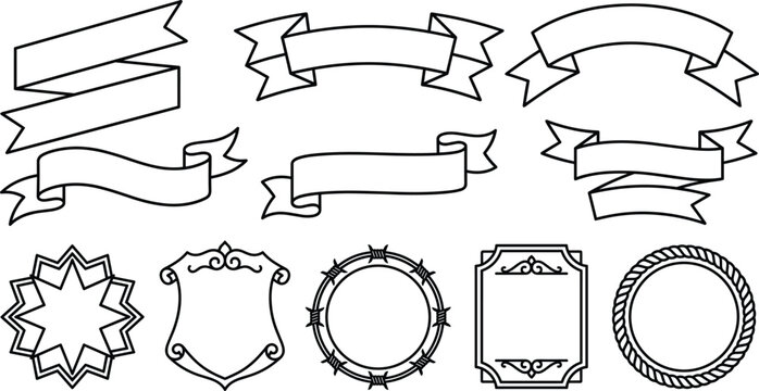 Vintage Ribbon Banner Line Art Vector Elements Set Featuring Blank Scroll Labels Geometric Star Shields Barbed Wire and Rope Frames for Sale Badges