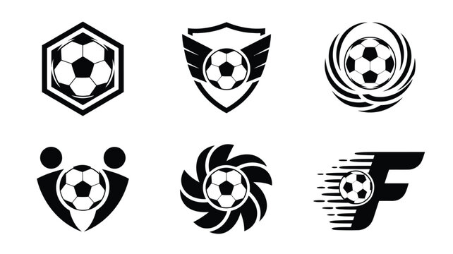 Set of six professional soccer and football club logo designs featuring various symbols like shields, wings, and dynamic motion.