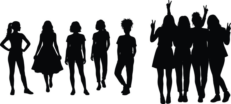 Silhouetted group of five people walking in a line on a flat surface silhouettes group of people des