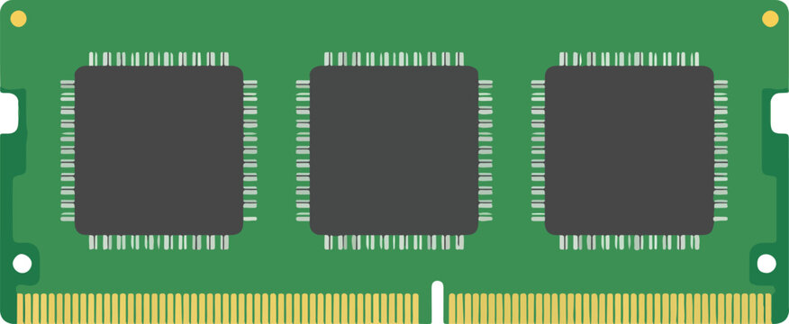 Computer ram memory module stick with black integrated circuits on a green circuit board computer hardware electronics technology processor components internal integrated computing capacity