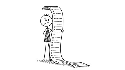 Fototapeta premium Stressed Stick Figure Looking at an Extremely Long Checklist, Feeling Overwhelmed by Tasks on Isolated White Background