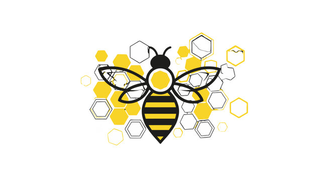 Stylized Honey Bee Icon with Scattered Yellow Honeycomb Hexagons, Geometric Design on Isolated White Background