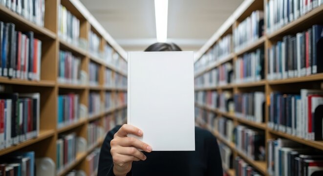 Person holding a blank white book cover in front of their face at library