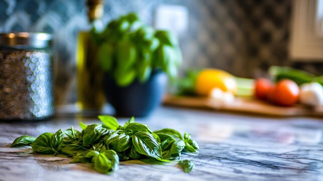 A bright kitchen counter scene with basil leaves scattered naturally next to cooking ingredients for a casual, inviting look